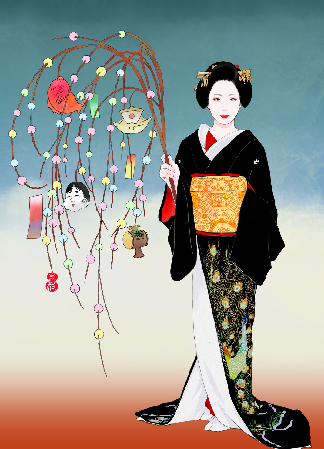 額装　作者名あり、日本画　美人画　絵画 小西春玲 「 鏡獅子 」 色紙絵 絵画 日本画 美人画 和服 和風
