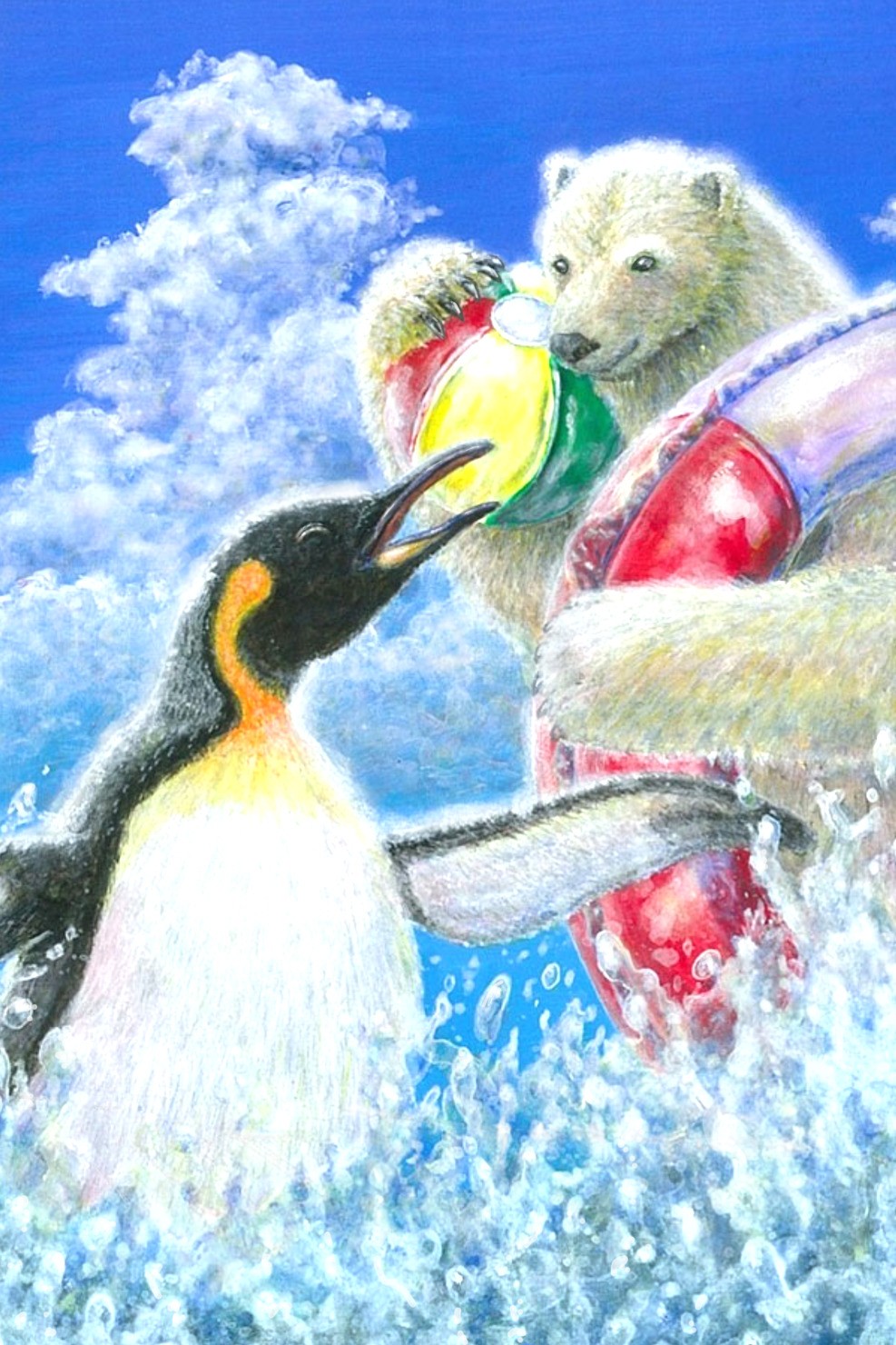 夏！海で遊ぶペンギンと白くま