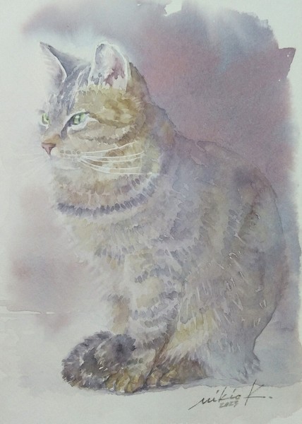 癒しの絵 水彩画 癒しの水彩画_考える猫 - Mikio_kのNFT | Adam byGMO