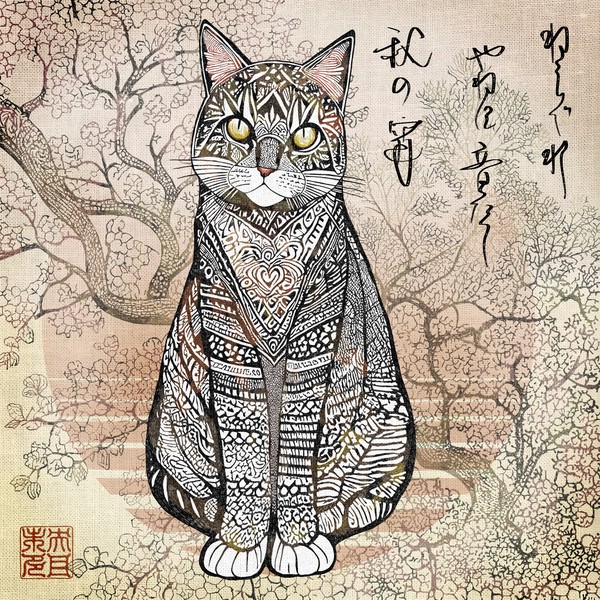 気ままに猫25「ねこしぐれ　やねに音たて　秋の宵」