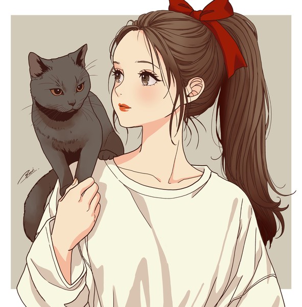 赤いリボンとグレー猫