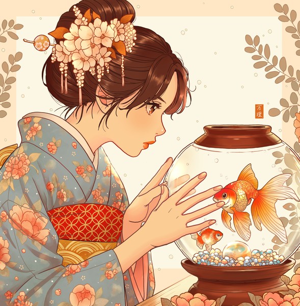 金魚をみつめる少女