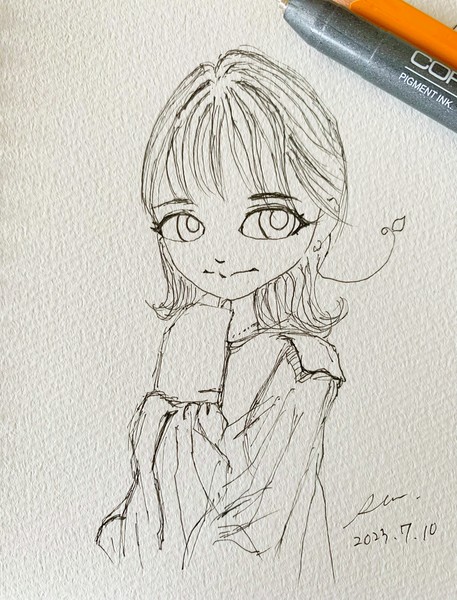 ペン　線画 『白い服を着た彼女』  #1/10
